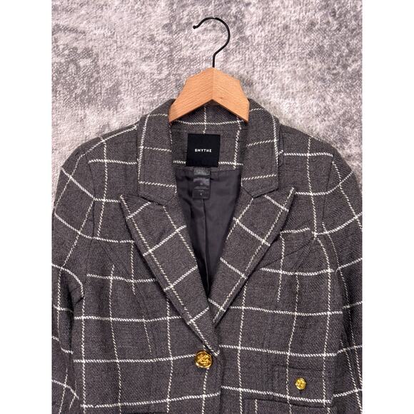 Smythe Duchess Blazer 4 Womens Wool Linen Gray Tweed Windowpane Elbow Patch - Picture 2 of 7